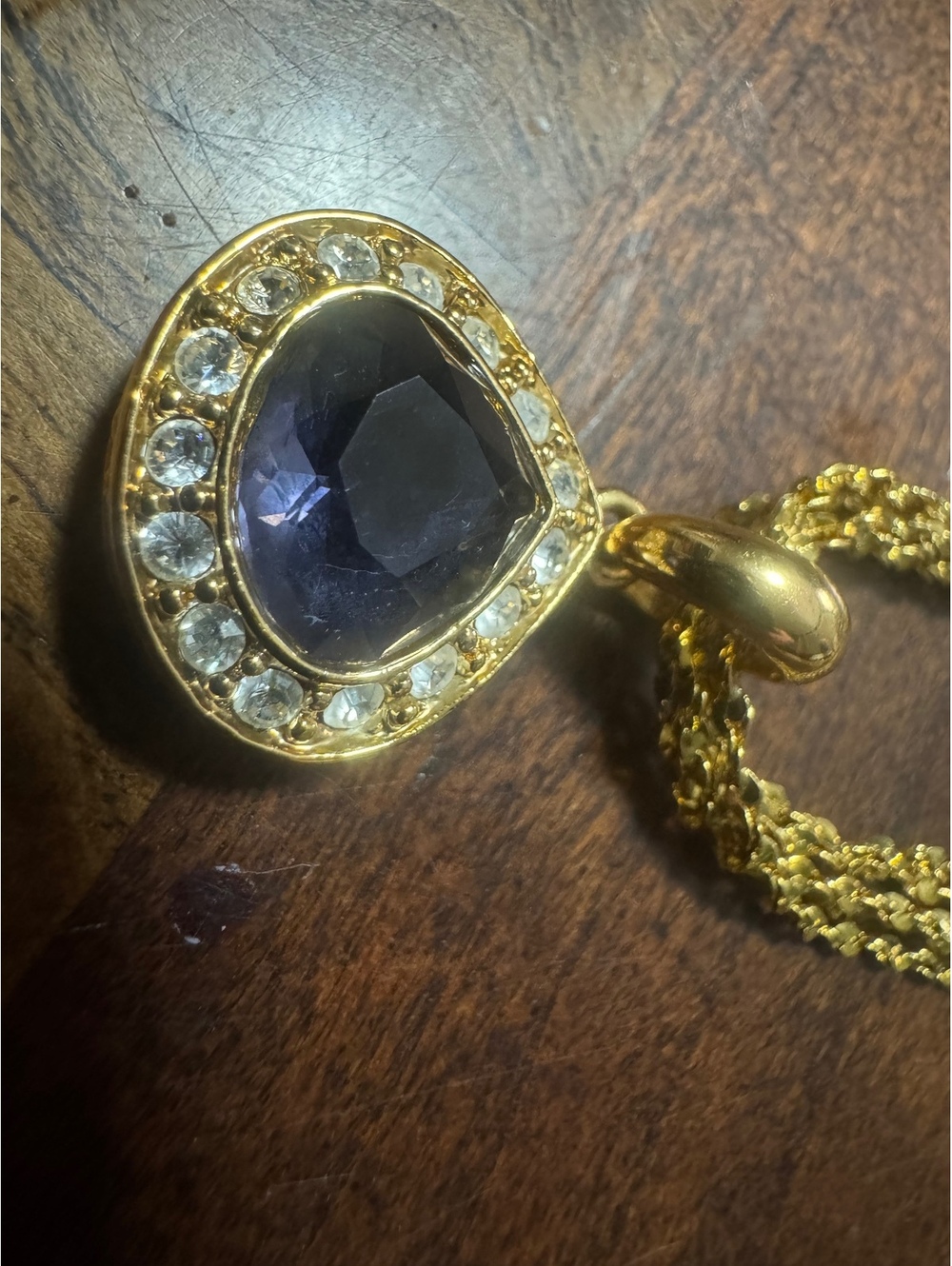 Vintage 16” Nolan Miller Amethyst and Crystal Gold Tone Pendant Necklace